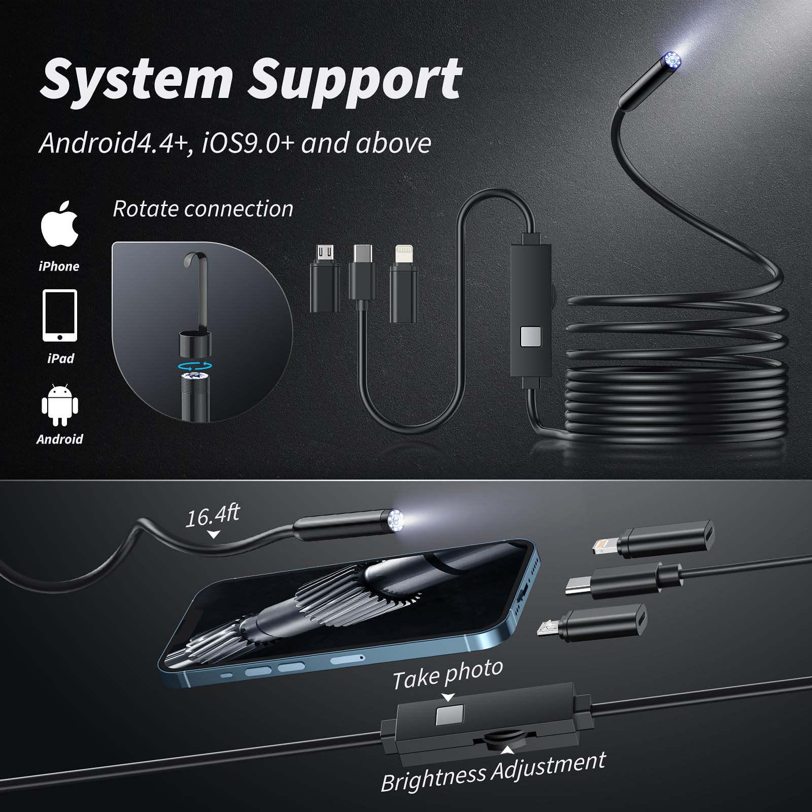 🔎 Plug-and-Play Endoscope Camera – Compatible with Android & iPhone & ipad for Direct Connection